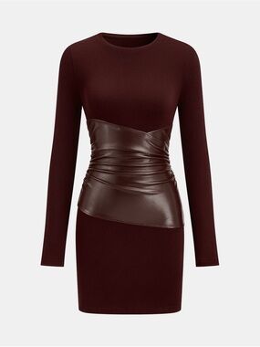 Commense Long-Sleeve Midi Dress with Faux-Leather Waist in Dark Brown